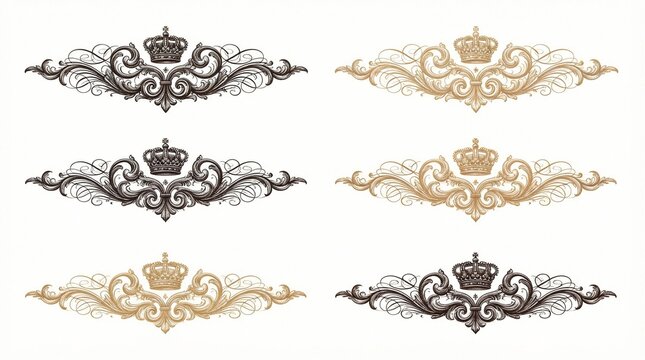 Detailed vintage royal crown illustrations featuring intricate swirling filigree flourishes presented in dark charcoal and metallic gold color schemes isolated on a clean white background surface