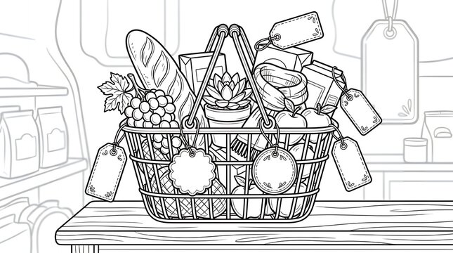 Grocery basket filled with fresh produce and blank labels coloring page on wooden table.