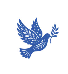 Obraz premium Folk Art Dove Icon: Ornate Flying Peace Dove Carrying Olive Branch Vector Illustration