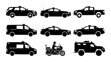 Police Vehicle Icons Set, Law Enforcement Cars, Trucks, Motorcycle, Silhouette Collection © Ayush