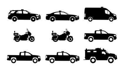 Police Vehicle Icons Set: Law Enforcement Cars, Motorcycles, Vans, Trucks, SUV © Ayush