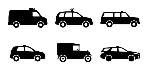 Police Car Icons, Emergency Vehicle Silhouettes, Law Enforcement Transport Collection © Ayush