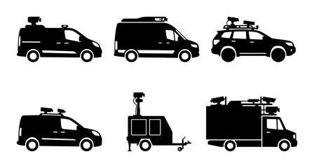 Fototapeta premium Surveillance Vehicle Icons Set, Security Van, SUV, Truck, Trailer, Technology, Monitoring