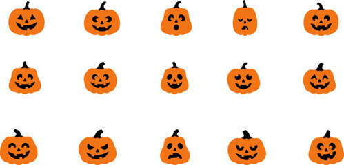 Fototapeta premium Collection of various small carved jack o lantern pumpkins isolated on a white background for halloween decoration