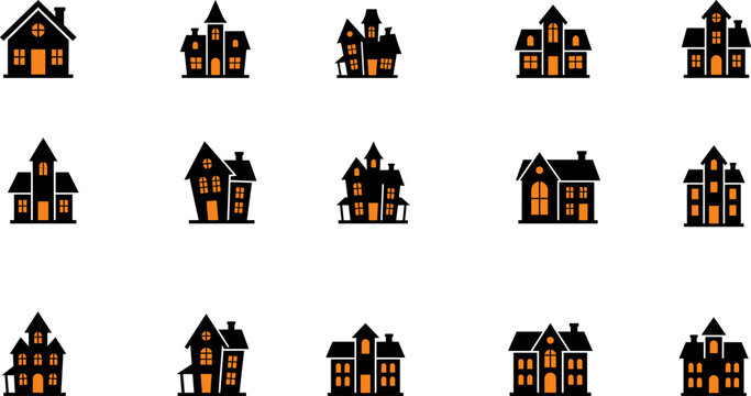 Set of fifteen different hand drawn haunted house illustrations isolated on a white background for halloween designs