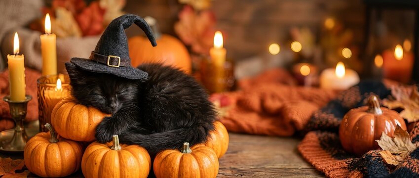 Black kitten in witch hat sleeping on small pumpkins surrounded by candles. Cozy Halloween and autumn holiday celebration concept. Warm festive decoration background for greeting card