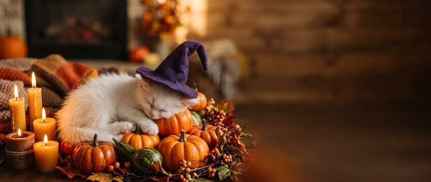 Cute white kitten wearing witch hat sleeping on pumpkins with candles. Cozy autumn Halloween decor with warm light. Festive seasonal home concept for Halloween greeting card