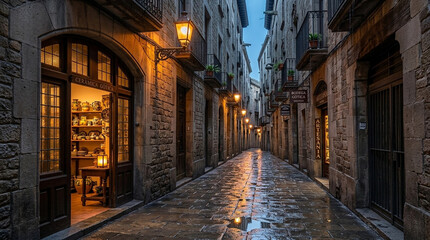 Fototapeta premium Charming narrow stone street in Gothic Quarter of Barcelona at dusk with illuminated shop windows and warm street lamps