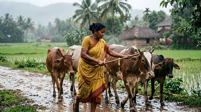 Woman plowing field with oxen in rural countryside.