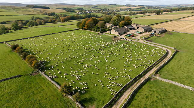 Aerial view of sheep grazing in green countryside fields 1.