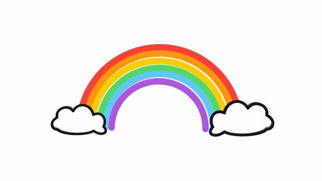 Hand-drawn rainbow appearing between two clouds on a white background.