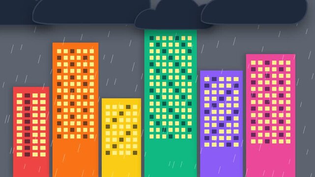 Animated illustration of a colorful city experiencing a flood during a heavy rainstorm.
