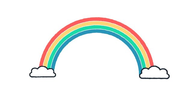 Simple hand-drawn rainbow with clouds on a white background.