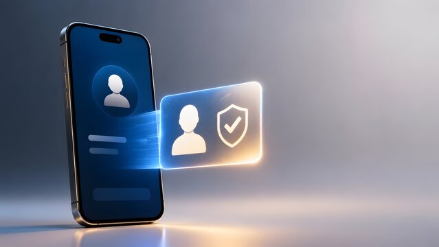 Smartphone displaying glowing user profile card and checkmark shield. Concept of digital identity verification and mobile app security.