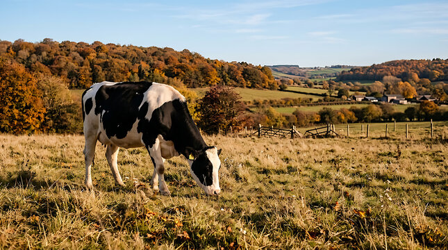 Black and white cow grazing in autumn pasture.
