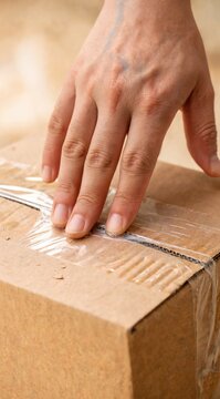A close-up of a hand sealing a cardboard box with clear tape. The hand is of a young adult with light skin and neatly manicured nails. The box is brown and unmarked.