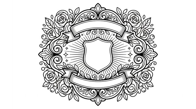 Floral rose frame coloring page with blank heraldic shield and decorative ribbon banners.