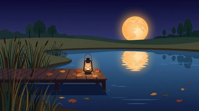 Tranquil night lake scene with full moon reflection.