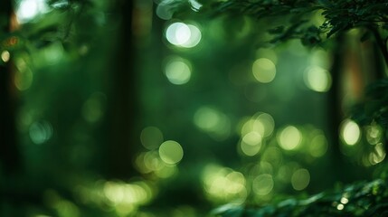 Fototapeta premium A green forest scene with glowing circles and soft light, creating a blurred effect in the background.