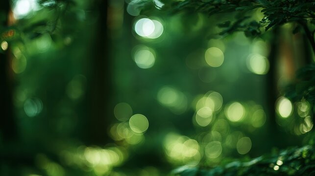 A green forest scene with glowing circles and soft light, creating a blurred effect in the background.