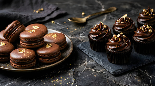 Delicious dark chocolate macarons and cupcakes on a black marble table for a luxury dessert party