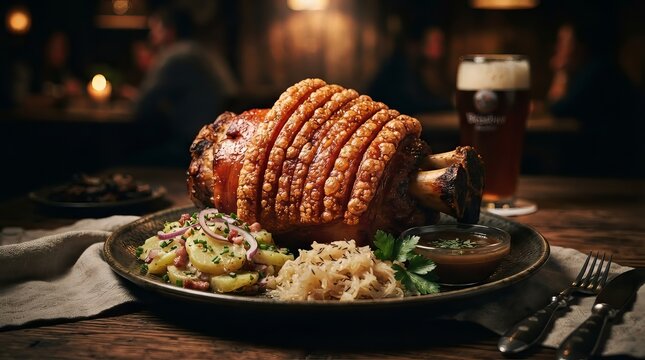 Roasted crispy pork knuckle with sauerkraut and potato salad served with beer on wooden table. Traditional german cuisine and bavarian food concept for Oktoberfest restaurant menu