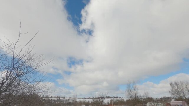 Cold Winter Sky With Heavy Gray Clouds Moving Rapidly Across the Horizon, Dramatic Overcast Weather Timelapse Background