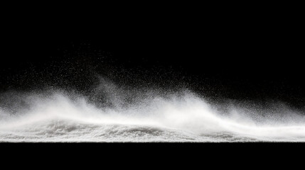 Obraz premium Winter blizzard spray overlay. White snow powder explosion. White snow blowing in wind against black background. Snowdrift with swirling powder particles. 