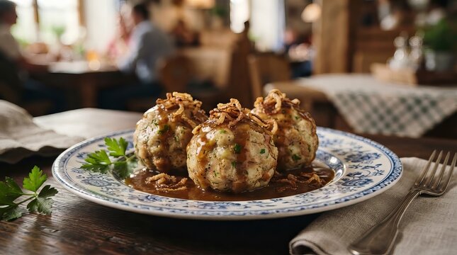 Traditional german bread dumpling with gravy and crispy fried onion served on decorative plate in rustic restaurant. Bavarian cuisine and authentic european comfort food concept