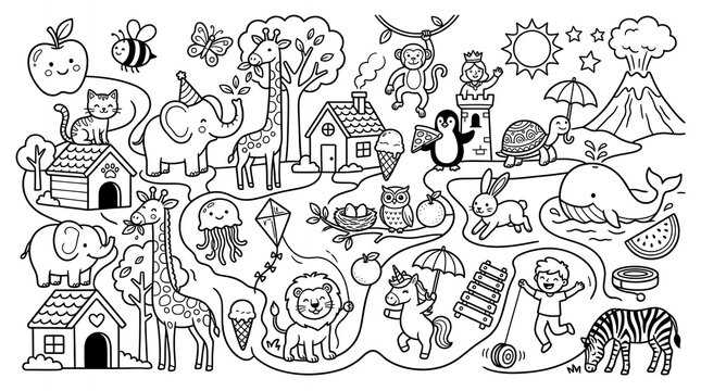 Cute cartoon animals and children coloring page map template for kids educational activity.