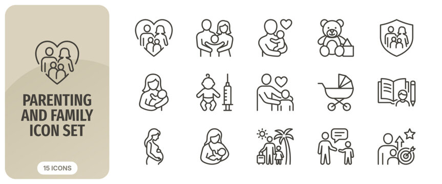 Parenting and family icon set, line style illustration of family care, pregnancy, child development, and parental guidance for web and mobile applications