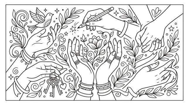 Creative hands line art illustration with keys and dove bird for coloring book graphic.