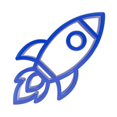 3D blue glossy rocket ship icon with thick outline and exhaust flames isolated on white background for space travel and startup business growth concepts © Design LL
