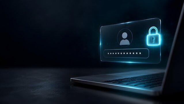 Laptop keyboard with glowing holographic user profile password padlock screen. Concept of cyber security authentication and digital data protection.