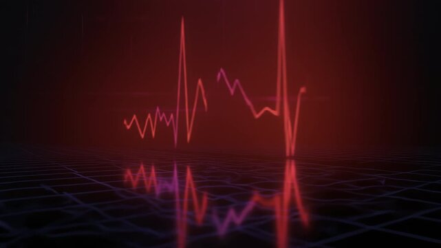Glowing waveform reflects on shiny surface. Red pulses create dynamic rhythmic visual impact. Retro synthwave design emphasizes urgent cinematic and alarm energy