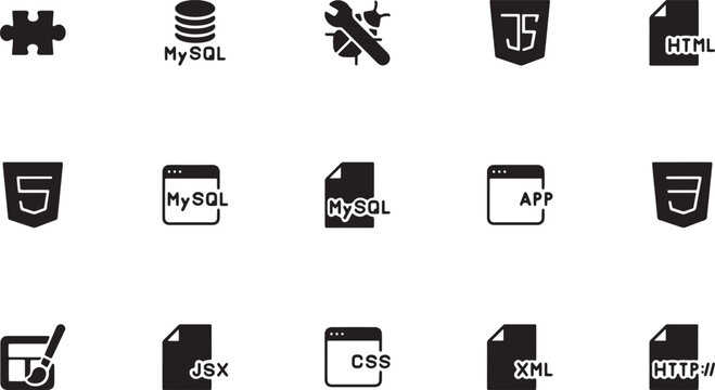 Web Technology and Programming icon. Black silhouette set featuring MySQL databases, JavaScript shields, bug fixing tools, CSS files, and XML documents