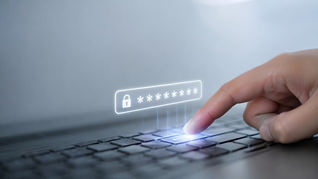 Finger pressing laptop keyboard with glowing password padlock field. Concept of digital network login authentication and cyber security data encryption.