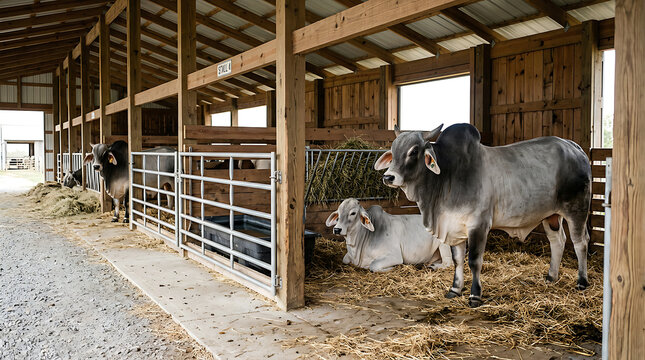 Cows eating hay in a rustic barn interior 1.