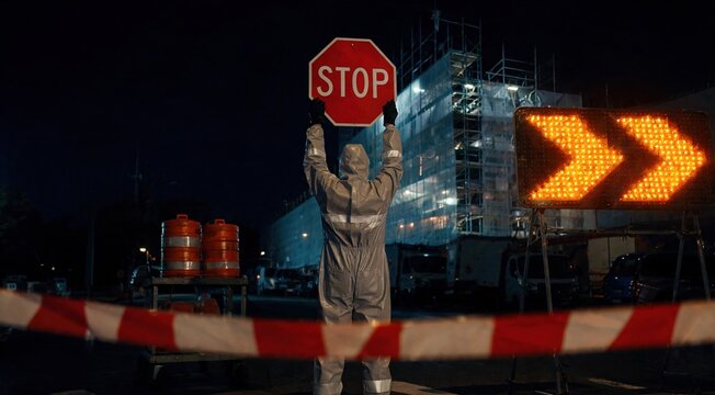 A person in a white protective suit holds a stop sign at a construction site at night. Bright orange traffic lights and barriers are visible in the background.