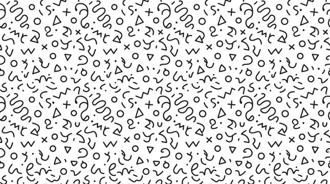 Hand drawn doodle pattern with geometric shapes and squiggly lines in a black and white vector style