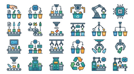 Fototapeta premium Modern AI and Robotic Systems for Advanced Waste Sorting and Recycling Process with high quality professional line art symbols for modern creative design and digital branding projects