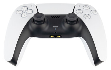 Game controller. White and black wireless gaming gamepad with buttons and dual analog sticks for console video games, entertainment and gameplay. Modern technology. Object Photo. Isolated background © artiom.photo