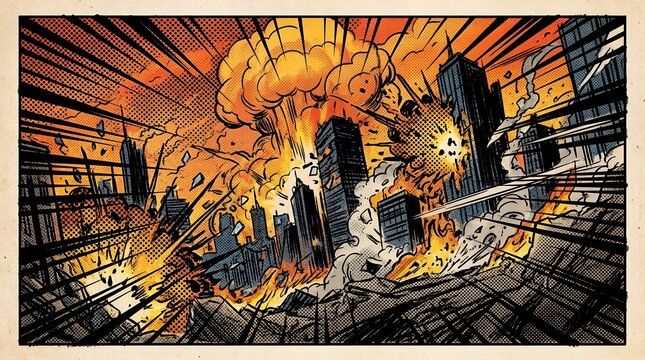 Dramatic comic book style explosion in city with fiery orange sky and debris flying.