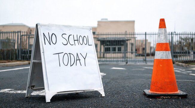 A sign reading 'No School Today' stands in front of a school building. An orange traffic cone is placed nearby on the empty parking lot.