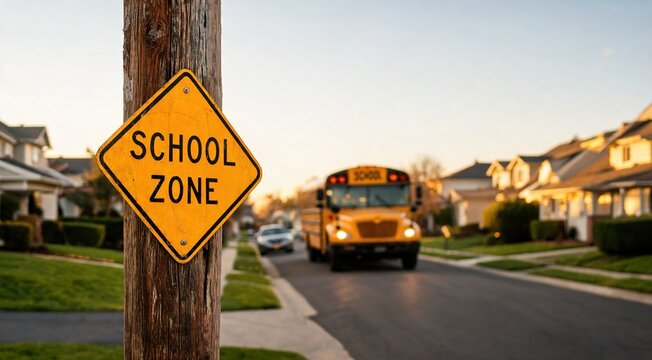 A yellow school zone sign stands beside a quiet suburban street. A school bus is visible in the background, surrounded by residential houses.