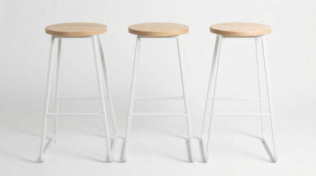 Three modern bar stools with wooden seats and white legs