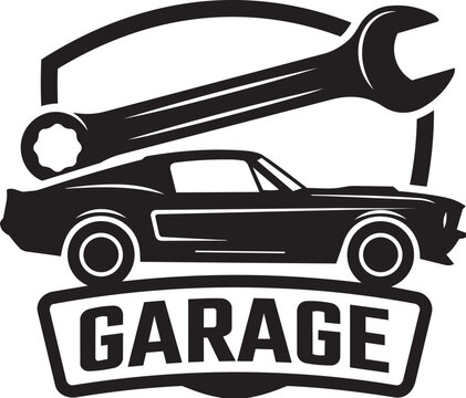 Black and white car garage logo with wrench icon