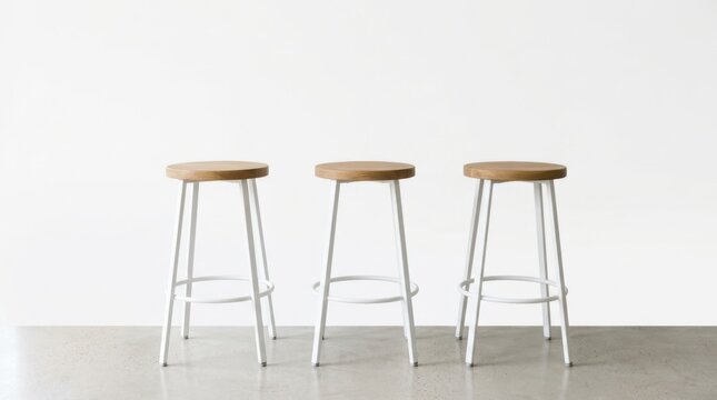 Three modern bar stools with wooden seats and white metal legs