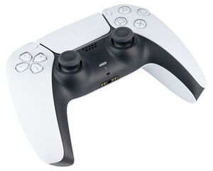 Game controller. White and black wireless gaming gamepad with buttons and dual analog sticks for console video games, entertainment and gameplay. Modern technology. Object Photo. Isolated background © Anna