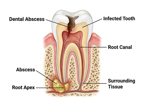 Dental abscess illustration showing infected tooth and root canal isolated on white background